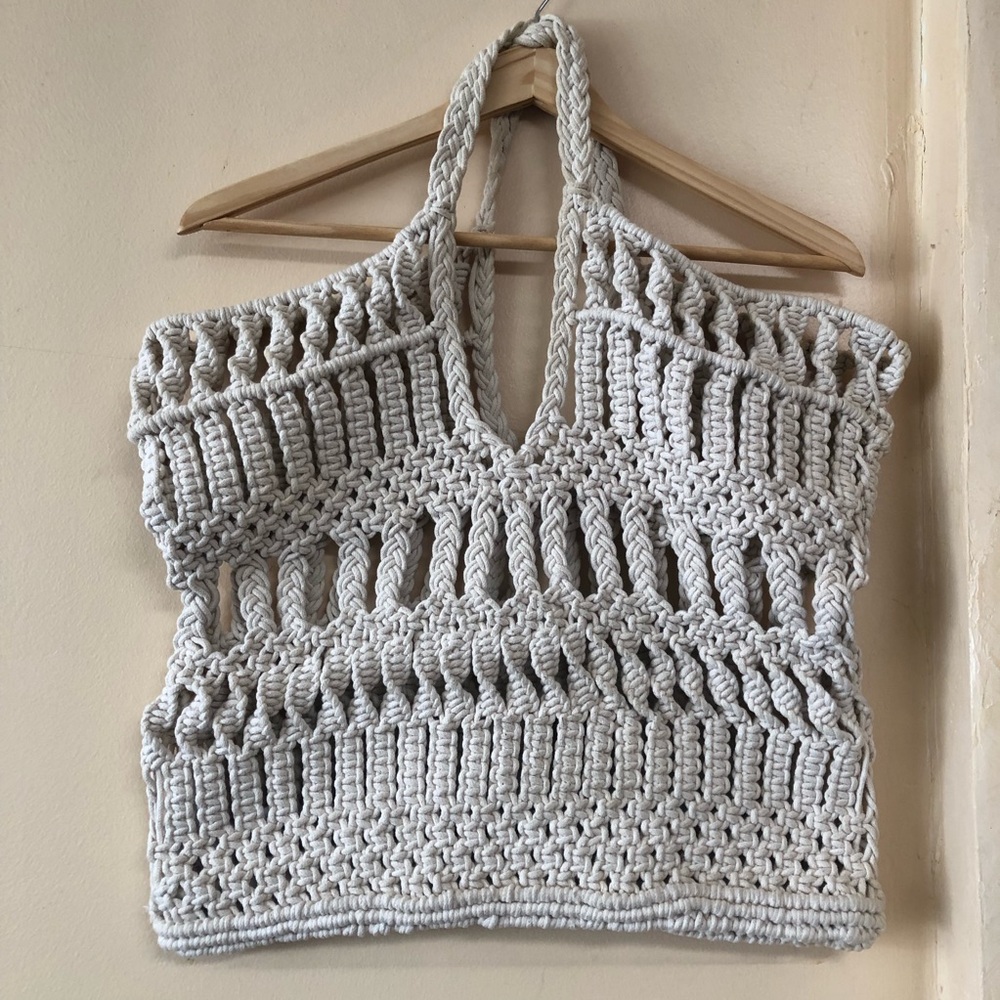 TOPSHOP Crochet Woven Summer Travel Beach Tote Neutral White Beige Rope Net Bag